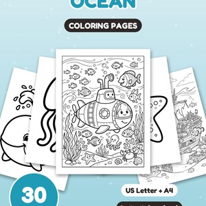 May include: A collection of 30 ocean-themed coloring pages featuring black and white line art illustrations of a submarine, fish, octopus, crab, and a pirate ship. The text OCEAN COLORING PAGES is displayed at the top, with US Letter + A4 below.