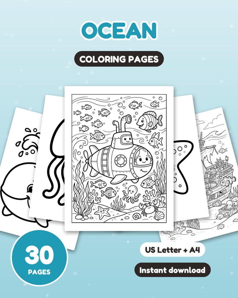 May include: A collection of 30 ocean-themed coloring pages featuring black and white line art illustrations of a submarine, fish, octopus, crab, and a pirate ship. The text OCEAN COLORING PAGES is displayed at the top, with US Letter + A4 below.