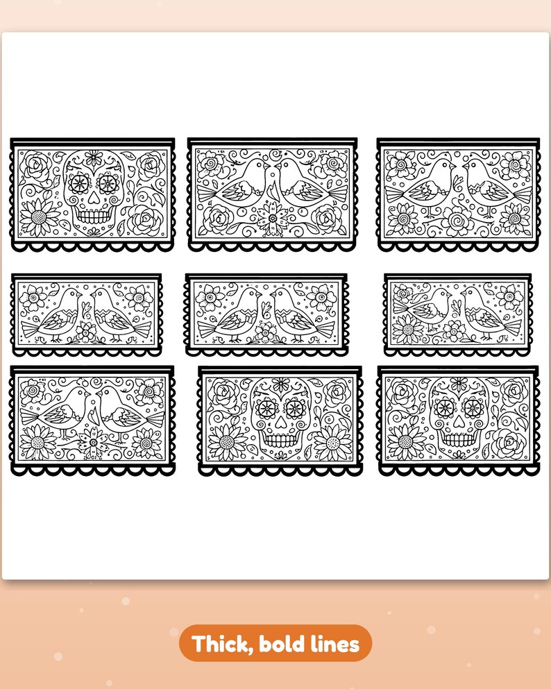 Op de afbeelding: Een verzameling van acht rechthoekige zwart-wit lijntekeningen met ingewikkelde ontwerpen van suikerschedels, vogelparen en bloemmotieven. Elk paneel heeft een geschulpte onderrand en de tekst Thick, bold lines.