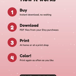 May include: A pink informational graphic titled How it works with four numbered red circles. The steps are: 1 Buy, instant download, no waiting; 2 Download, PDF files from your Etsy purchases; 3 Print, at home or at a print shop; 4 Color, print again as often as you like. Digital file: nothing is shipped.
