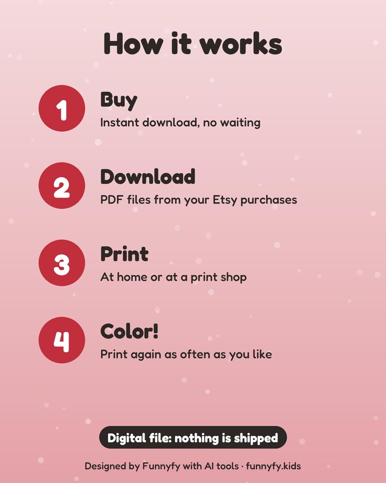 May include: A pink informational graphic titled How it works with four numbered red circles. The steps are: 1 Buy, instant download, no waiting; 2 Download, PDF files from your Etsy purchases; 3 Print, at home or at a print shop; 4 Color, print again as often as you like. Digital file: nothing is shipped.
