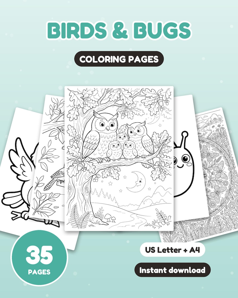 K&ouml;nnte beinhalten: Eine Sammlung von Ausmalbildern mit dem Titel BIRDS & BUGS COLORING PAGES. Die mittlere Seite zeigt eine schwarz-wei&szlig;e Strichzeichnung einer Eulenfamilie auf einem Eichenast unter einer Mondsichel. Enth&auml;lt 35 Seiten in US Letter und A4.