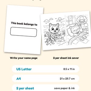 Puede incluir: Un conjunto de p&aacute;ginas para colorear digitales que incluye una p&aacute;gina 'This book belongs to' y dos ilustraciones en blanco y negro de un gato en la playa y en la cama. Incluye opciones de formato US Letter 8.5 x 11 in y A4 21 x 29.7 cm.