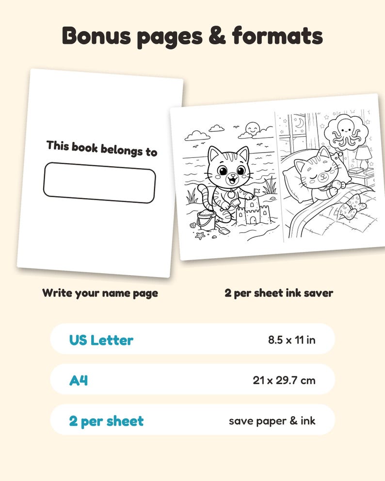 Puede incluir: Un conjunto de p&aacute;ginas para colorear digitales que incluye una p&aacute;gina 'This book belongs to' y dos ilustraciones en blanco y negro de un gato en la playa y en la cama. Incluye opciones de formato US Letter 8.5 x 11 in y A4 21 x 29.7 cm.
