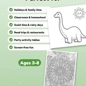 May include: A coloring activity sheet set featuring a black and white line drawing of a long-necked dinosaur with a sun, and a second sheet with a detailed circular pattern of various monster faces. Text includes "Perfect for" and "Ages 3-8".
