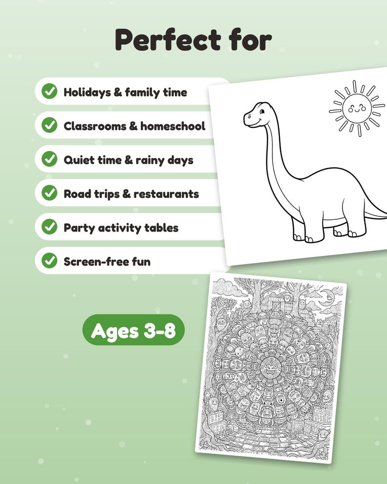 May include: A coloring activity sheet set featuring a black and white line drawing of a long-necked dinosaur with a sun, and a second sheet with a detailed circular pattern of various monster faces. Text includes "Perfect for" and "Ages 3-8".