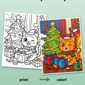 May include: A coloring page set featuring a black and white line art illustration and a colored version of a cat wearing a Santa hat and scarf next to a Christmas tree and gifts. The text reads Color it your way!, print, color!, and Example colored with AI, for inspiration (pages come in black & white).