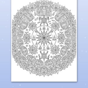 Puede incluir: Una p&aacute;gina para colorear en blanco y negro con un dise&ntilde;o de mandala circular que incluye flores de pascua, velas, dulces y una estrella central. La parte inferior de la p&aacute;gina incluye el texto "Cute scenes kids love" en un rect&aacute;ngulo azul.