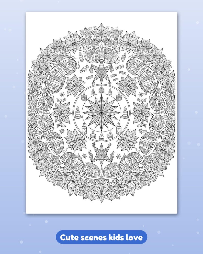 Puede incluir: Una p&aacute;gina para colorear en blanco y negro con un dise&ntilde;o de mandala circular que incluye flores de pascua, velas, dulces y una estrella central. La parte inferior de la p&aacute;gina incluye el texto "Cute scenes kids love" en un rect&aacute;ngulo azul.