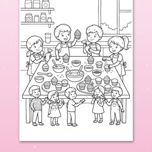 May include: A black and white coloring page featuring a group of children in a kitchen decorating cupcakes on a large table. The scene includes bowls, piping bags, and trays of cupcakes, with shelves and a window in the background. Text reads: Cute scenes kids love.