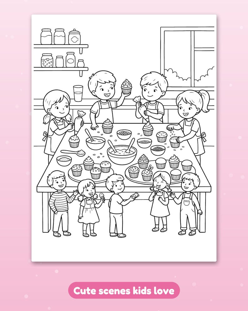 May include: A black and white coloring page featuring a group of children in a kitchen decorating cupcakes on a large table. The scene includes bowls, piping bags, and trays of cupcakes, with shelves and a window in the background. Text reads: Cute scenes kids love.