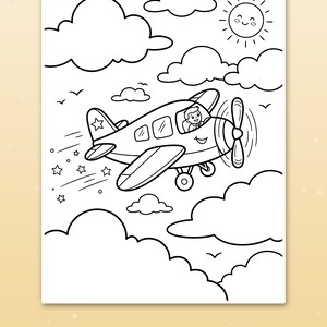 K&ouml;nnte beinhalten: Eine schwarz-wei&szlig;e Malvorlage mit einem Cartoon-Flugzeug und einem Piloten im Cockpit, das durch Wolken fliegt. Die Szene zeigt eine l&auml;chelnde Sonne, kleine V&ouml;gel und Sterne, die hinter dem Flugzeug herziehen. Das Design nutzt dicke, fette Linien.