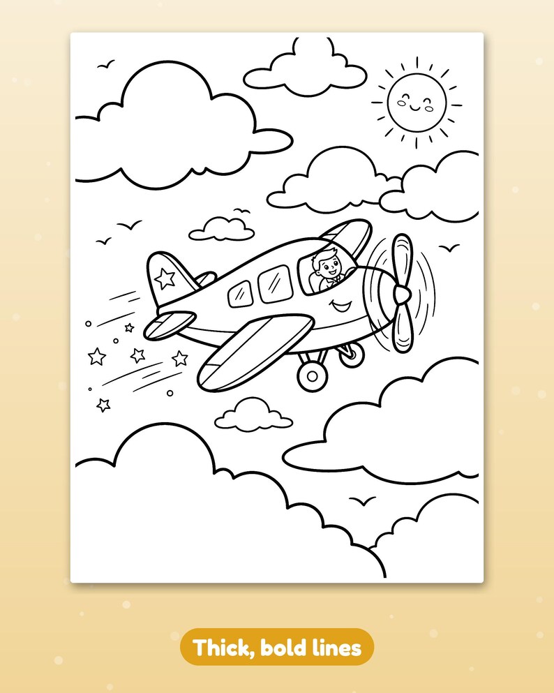 K&ouml;nnte beinhalten: Eine schwarz-wei&szlig;e Malvorlage mit einem Cartoon-Flugzeug und einem Piloten im Cockpit, das durch Wolken fliegt. Die Szene zeigt eine l&auml;chelnde Sonne, kleine V&ouml;gel und Sterne, die hinter dem Flugzeug herziehen. Das Design nutzt dicke, fette Linien.