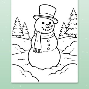 以下が含まれることがあります： シルクハットとマフラーを身につけた雪だるまと、松の木がある雪景色の白黒塗り絵ページ。イラストは太くはっきりとした線で描かれており、Thick, bold linesというテキストが含まれています。