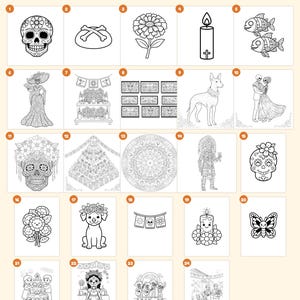 Op de afbeelding: Een digitale kleurboekset met 24 pagina's met zwart-wit lijntekeningen van thema's rond de Dag van de Doden, waaronder suikerschedels, afrikaantjes, kaarsen, skeletten en feestelijke decoraties met de tekst Everything you get: 24 pages.