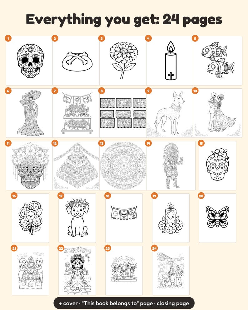 Op de afbeelding: Een digitale kleurboekset met 24 pagina's met zwart-wit lijntekeningen van thema's rond de Dag van de Doden, waaronder suikerschedels, afrikaantjes, kaarsen, skeletten en feestelijke decoraties met de tekst Everything you get: 24 pages.