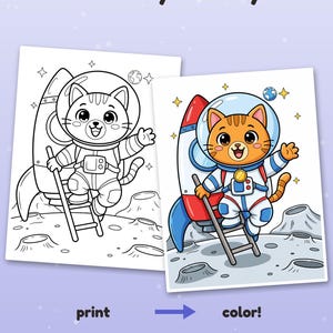May include: A coloring page featuring a cat astronaut in a spacesuit climbing a ladder to a rocket on the moon. The text reads Color it your way! print color! Example colored with AI, for inspiration (pages come in black & white).