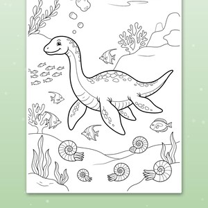 May include: A black and white coloring page featuring a long-necked plesiosaur swimming underwater. The scene includes various fish, coral, seaweed, and spiral-shaped ammonite fossils on the ocean floor. The text Cute scenes kids love is visible.