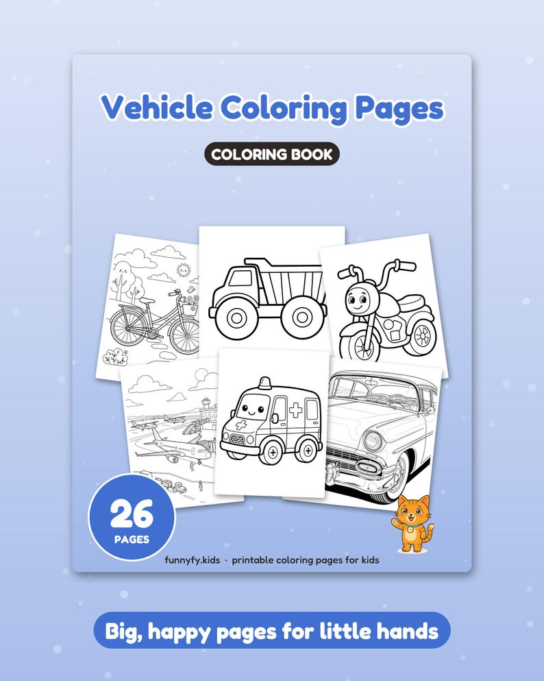 May include: A colouring book titled Vehicle Coloring Pages with 26 pages. The cover features black and white line art of a bicycle, dump truck, motorcycle, aeroplane, ambulance, and car. A small orange cat illustration is in the corner.