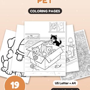 May include: A collection of 19 pet coloring pages featuring black and white line art illustrations of cats in a box, dogs, and other animals. The text PET COLORING PAGES, 19 PAGES, US Letter + A4, and Instant download are visible on the page.