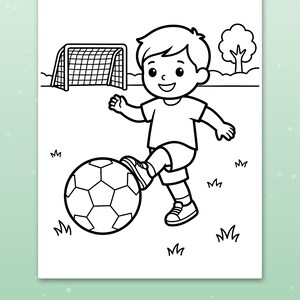 May include: A black and white coloring page featuring a child kicking a soccer ball on a field with a goal and a tree in the background. The text "Big spaces for little hands" is printed at the bottom of the page in white on a green bar.