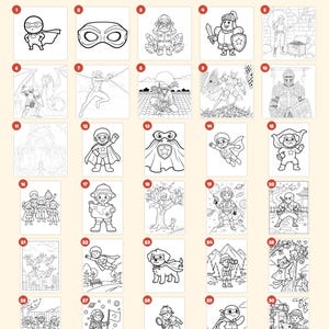 May include: A collection of 30 black and white colouring pages featuring various characters including superheroes, explorers, knights, and animals. The text "Everything you get: 30 pages" is at the top, with "+ cover &middot; "This book belongs to" page &middot; closing page" at the bottom.