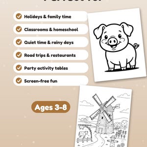 May include: A coloring book page set featuring a smiling pig illustration and a farm scene with a windmill. Text includes "Perfect for" followed by a list of activities and "Ages 3-8". The pages are black and white line art on a light background.