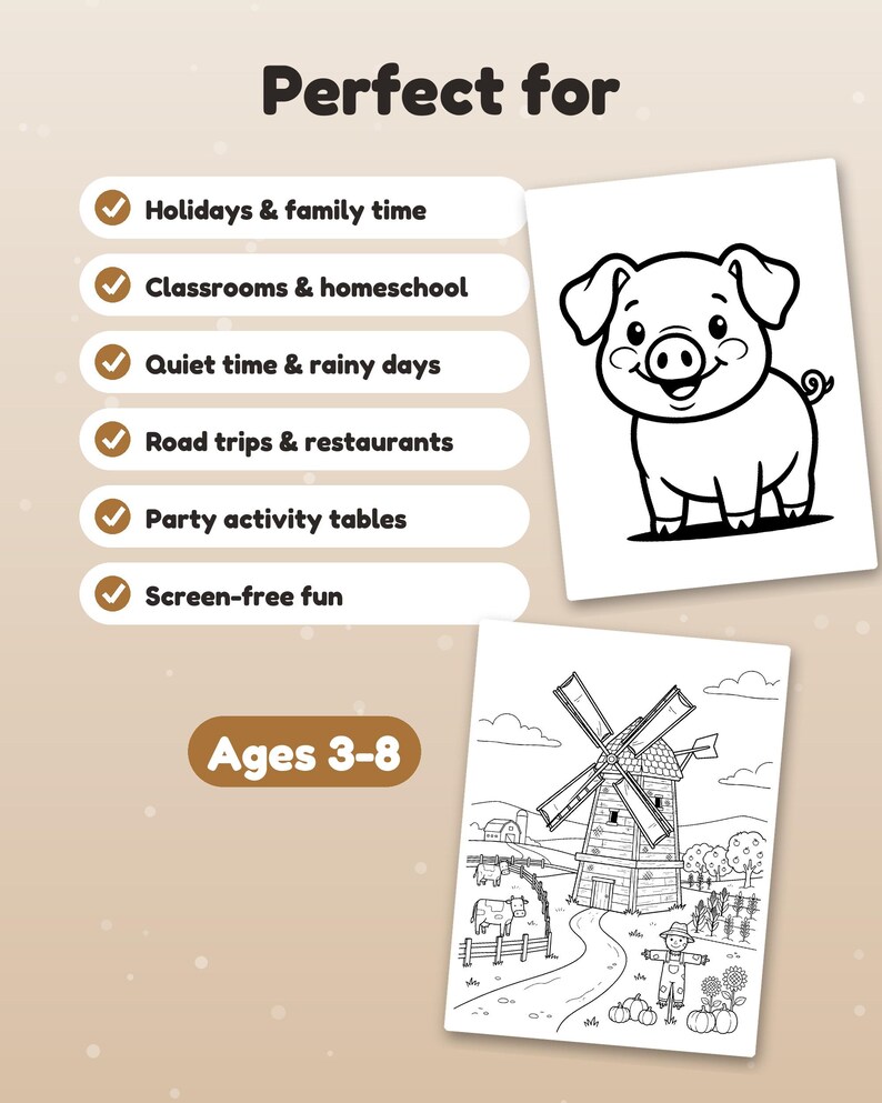 May include: A coloring book page set featuring a smiling pig illustration and a farm scene with a windmill. Text includes "Perfect for" followed by a list of activities and "Ages 3-8". The pages are black and white line art on a light background.