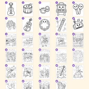 29 Music & Instruments Coloring Pages for Kids, Music and Instruments Coloring Book, Guitar Drum Piano, Printable PDF, Instant Download image 4