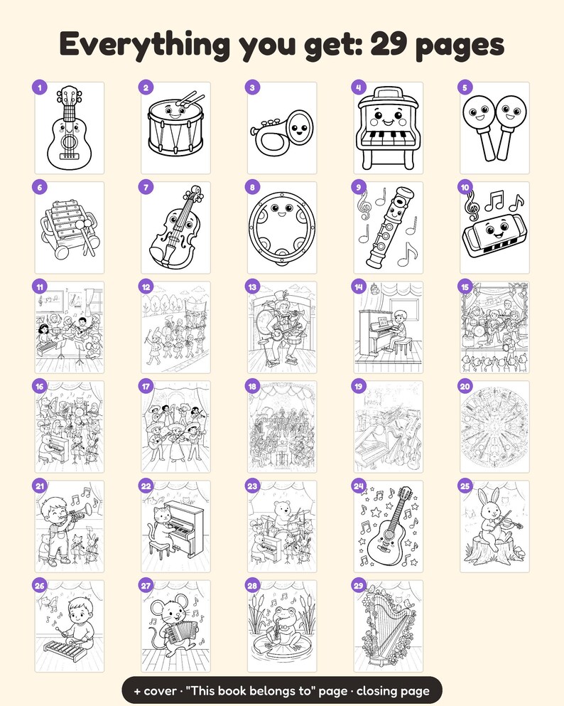 29 Music & Instruments Coloring Pages for Kids, Music and Instruments Coloring Book, Guitar Drum Piano, Printable PDF, Instant Download image 4
