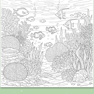 May include: A black and white colouring page featuring an underwater coral reef scene with various fish, including clownfish and angelfish, swimming among coral formations, sea plants, and bubbles. The image is defined by thick, bold lines.