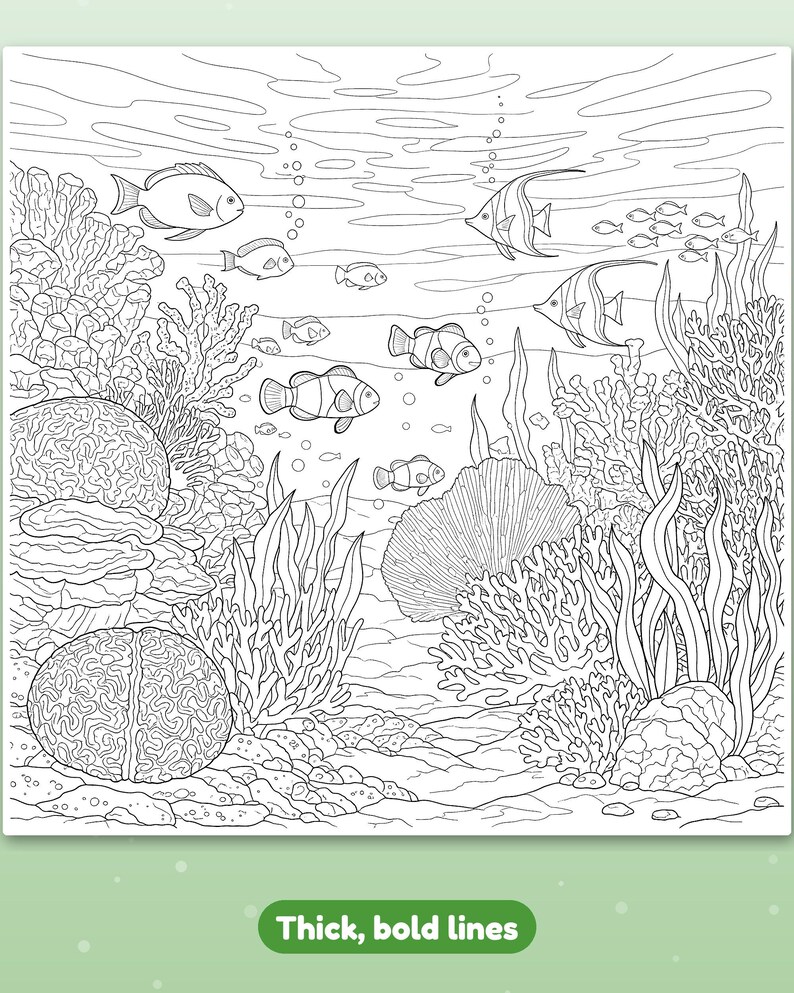 May include: A black and white colouring page featuring an underwater coral reef scene with various fish, including clownfish and angelfish, swimming among coral formations, sea plants, and bubbles. The image is defined by thick, bold lines.