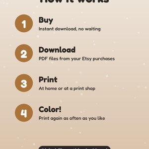 May include: An instructional graphic titled How it works with four numbered brown circles. Steps include: 1 Buy, 2 Download PDF files from your Etsy purchases, 3 Print at home or at a print shop, 4 Color. Includes text: Digital file: nothing is shipped.