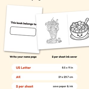May include: A digital coloring page set featuring a 'This book belongs to' name page and two black and white illustrations of an ice cream sundae and a bowl of fruit. Text includes 'Bonus pages & formats', 'US Letter 8.5 x 11 in', 'A4 21 x 29.7 cm', and '2 per sheet'.