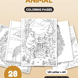 May include: A set of 28 animal coloring pages in US Letter and A4 sizes. The central page features a black and white line drawing of a bear, fox, and squirrels having a picnic in a forest. The text reads ANIMAL COLORING PAGES.