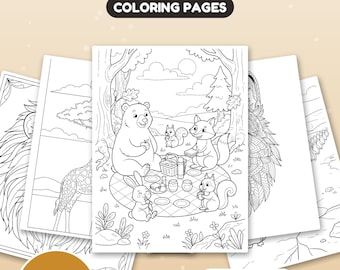 Peut inclure: Un ensemble de 28 pages de coloriage d'animaux aux formats US Letter et A4. La page centrale présente un dessin au trait noir et blanc d'un ours, d'un renard et d'écureuils pique-niquant en forêt. Le texte indique ANIMAL COLORING PAGES.