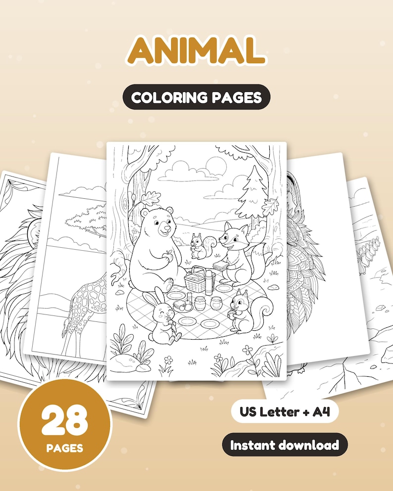 May include: A set of 28 animal coloring pages in US Letter and A4 sizes. The central page features a black and white line drawing of a bear, fox, and squirrels having a picnic in a forest. The text reads ANIMAL COLORING PAGES.