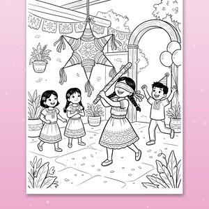 Puede incluir: Una p&aacute;gina para colorear en blanco y negro que muestra a un grupo de ni&ntilde;os jugando con una pi&ntilde;ata en forma de estrella. Un ni&ntilde;o tiene los ojos vendados y sostiene un palo, mientras otros observan. La escena incluye plantas en macetas, banderines y globos.