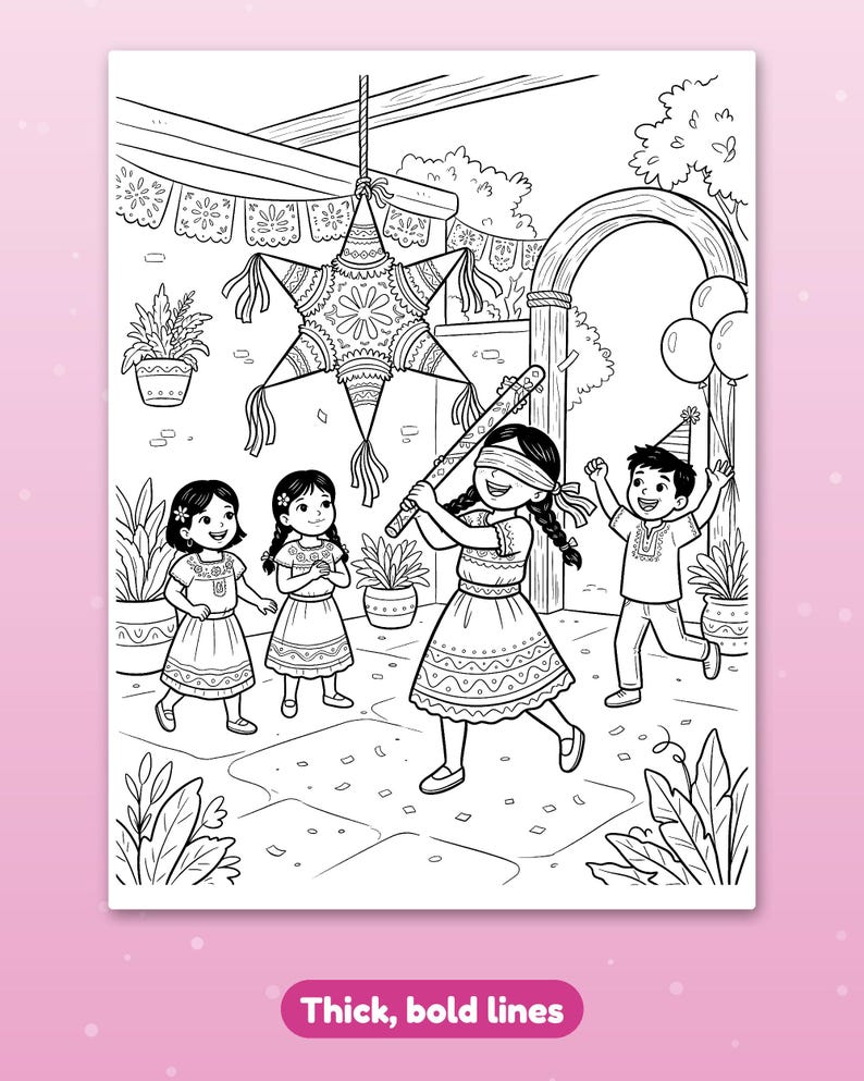 Puede incluir: Una p&aacute;gina para colorear en blanco y negro que muestra a un grupo de ni&ntilde;os jugando con una pi&ntilde;ata en forma de estrella. Un ni&ntilde;o tiene los ojos vendados y sostiene un palo, mientras otros observan. La escena incluye plantas en macetas, banderines y globos.