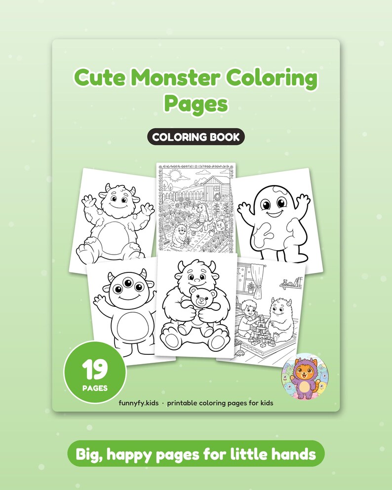 May include: A colouring book titled Cute Monster Colouring Pages featuring 19 pages of black and white monster illustrations. The cover displays various monster drawings, a small circular graphic, and the text funnyfy.kids printable colouring pages for kids.