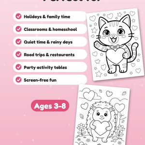 Może przedstawiać: Dwie czarno-białe kolorowanki przedstawiające kota trzymającego serce oraz jeża trzymającego serce. Tekst zawiera napisy Perfect for, Holidays & family time, Classrooms & homeschool, Quiet time & rainy days, Road trips & restaurants, Party activity tables, Screen-free fun oraz Ages 3-8.