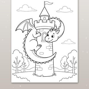 Peut inclure: Une page de coloriage en noir et blanc repr&eacute;sentant un dragon enroul&eacute; autour d'une tour en pierre avec un drapeau au sommet. La sc&egrave;ne comprend des nuages, des arbres et le texte Big spaces for little hands en bas.