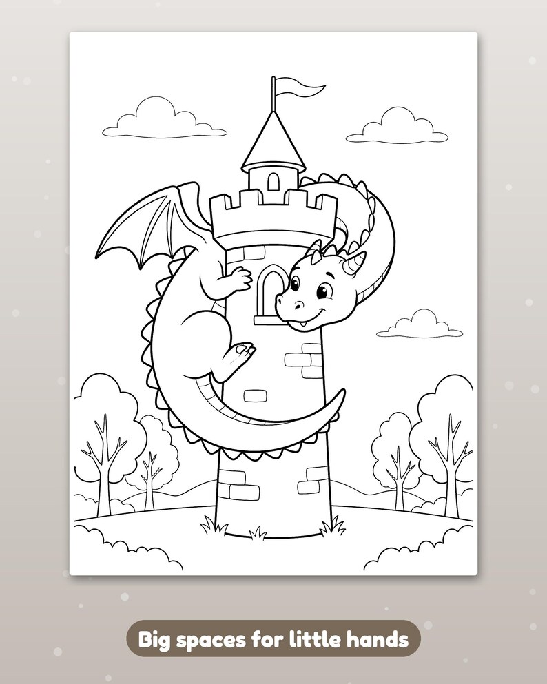 Peut inclure: Une page de coloriage en noir et blanc repr&eacute;sentant un dragon enroul&eacute; autour d'une tour en pierre avec un drapeau au sommet. La sc&egrave;ne comprend des nuages, des arbres et le texte Big spaces for little hands en bas.