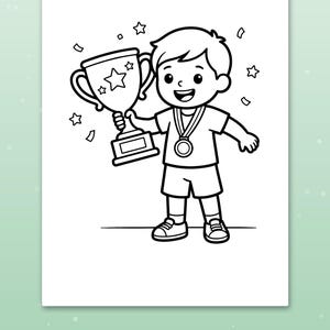 以下が含まれることがあります： 大きなトロフィーを持ち、首にメダルをかけた笑顔の子供が描かれた白黒の塗り絵ページ。背景には星や紙吹雪の形が描かれており、Cute scenes kids loveというテキストが含まれています。