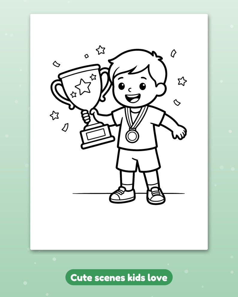 以下が含まれることがあります： 大きなトロフィーを持ち、首にメダルをかけた笑顔の子供が描かれた白黒の塗り絵ページ。背景には星や紙吹雪の形が描かれており、Cute scenes kids loveというテキストが含まれています。