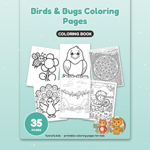 K&ouml;nnte beinhalten: Ein Malbuch mit dem Titel Birds & Bugs Coloring Pages mit 35 Seiten. Das Cover zeigt sechs schwarz-wei&szlig;e Illustrationen von V&ouml;geln, Insekten und Naturszenen sowie zwei kleine kreisf&ouml;rmige Farbbilder von Zeichentrickkatzen.