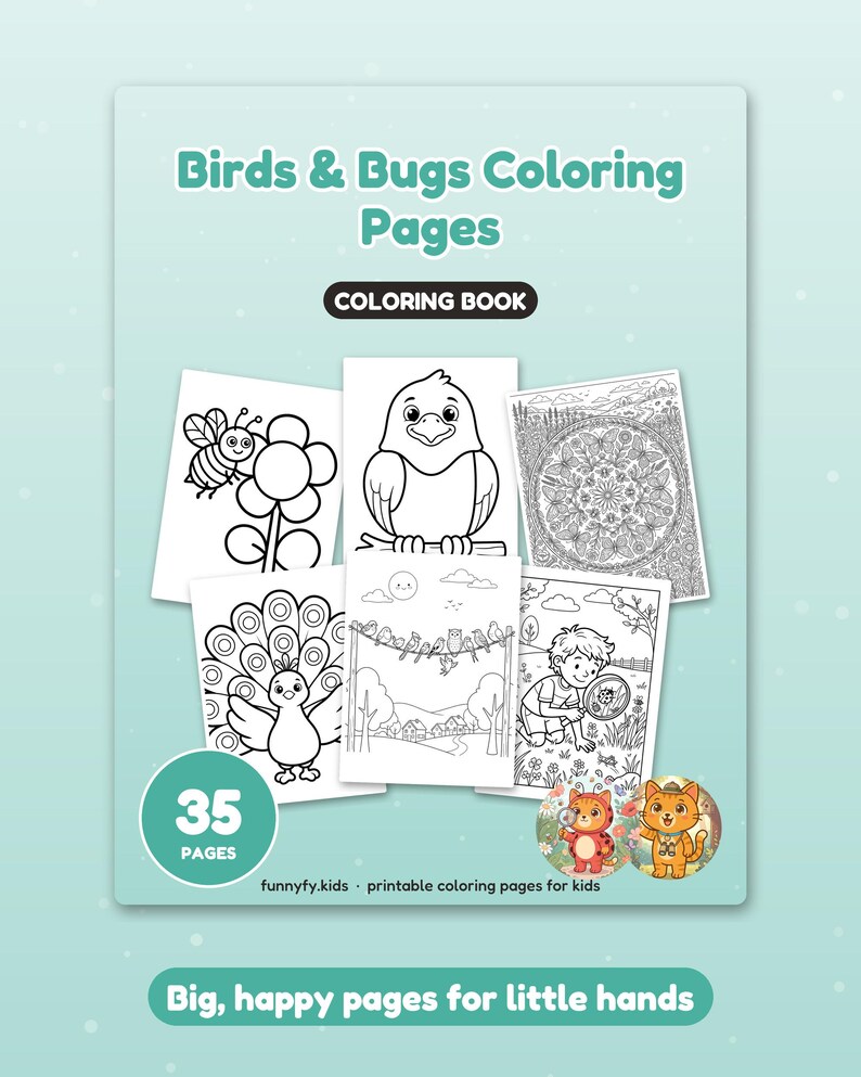 K&ouml;nnte beinhalten: Ein Malbuch mit dem Titel Birds & Bugs Coloring Pages mit 35 Seiten. Das Cover zeigt sechs schwarz-wei&szlig;e Illustrationen von V&ouml;geln, Insekten und Naturszenen sowie zwei kleine kreisf&ouml;rmige Farbbilder von Zeichentrickkatzen.