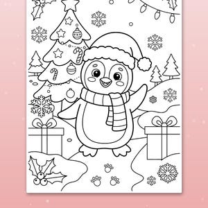 May include: A black and white coloring page featuring a penguin wearing a Santa hat and scarf, standing in a snowy scene with a decorated Christmas tree, wrapped gifts, snowflakes, and holly. The text at the bottom reads Big spaces for little hands.