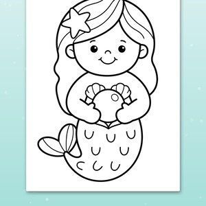 May include: A black and white coloring page featuring a cartoon mermaid with long hair, a starfish hair accessory, and a smiling expression. The mermaid holds a round pearl in her hands and has a tail with scale details. Text reads: Thick, bold lines.