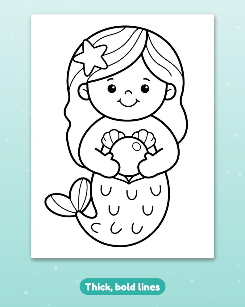May include: A black and white coloring page featuring a cartoon mermaid with long hair, a starfish hair accessory, and a smiling expression. The mermaid holds a round pearl in her hands and has a tail with scale details. Text reads: Thick, bold lines.